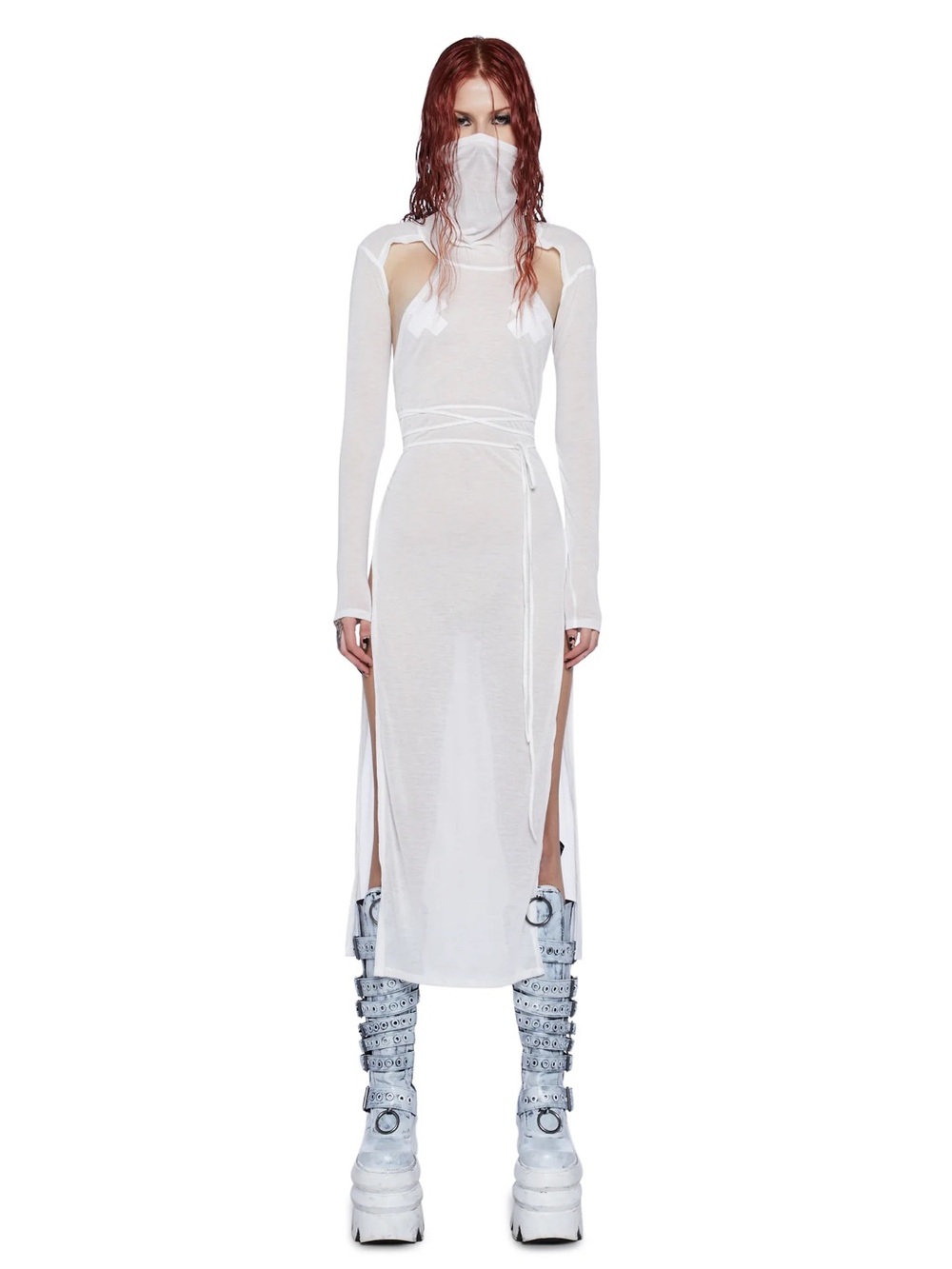 Dolls Kill Darker Wavs Flanger White High Slit Maxi Dress - Picture 7 of 9